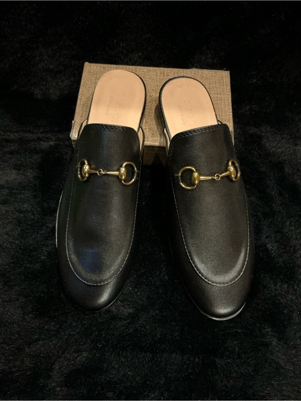 Princetown Black Leather Slip-On Loafers with Gold  Size 36 NWOB